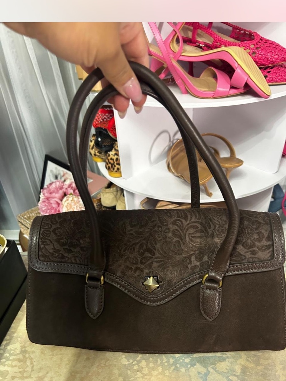 Women's Brown Floral-Embossed Satchel Handbag